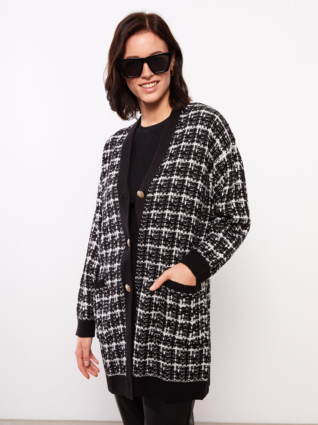 V Neck Patterned Women's Knitwear Cardigan