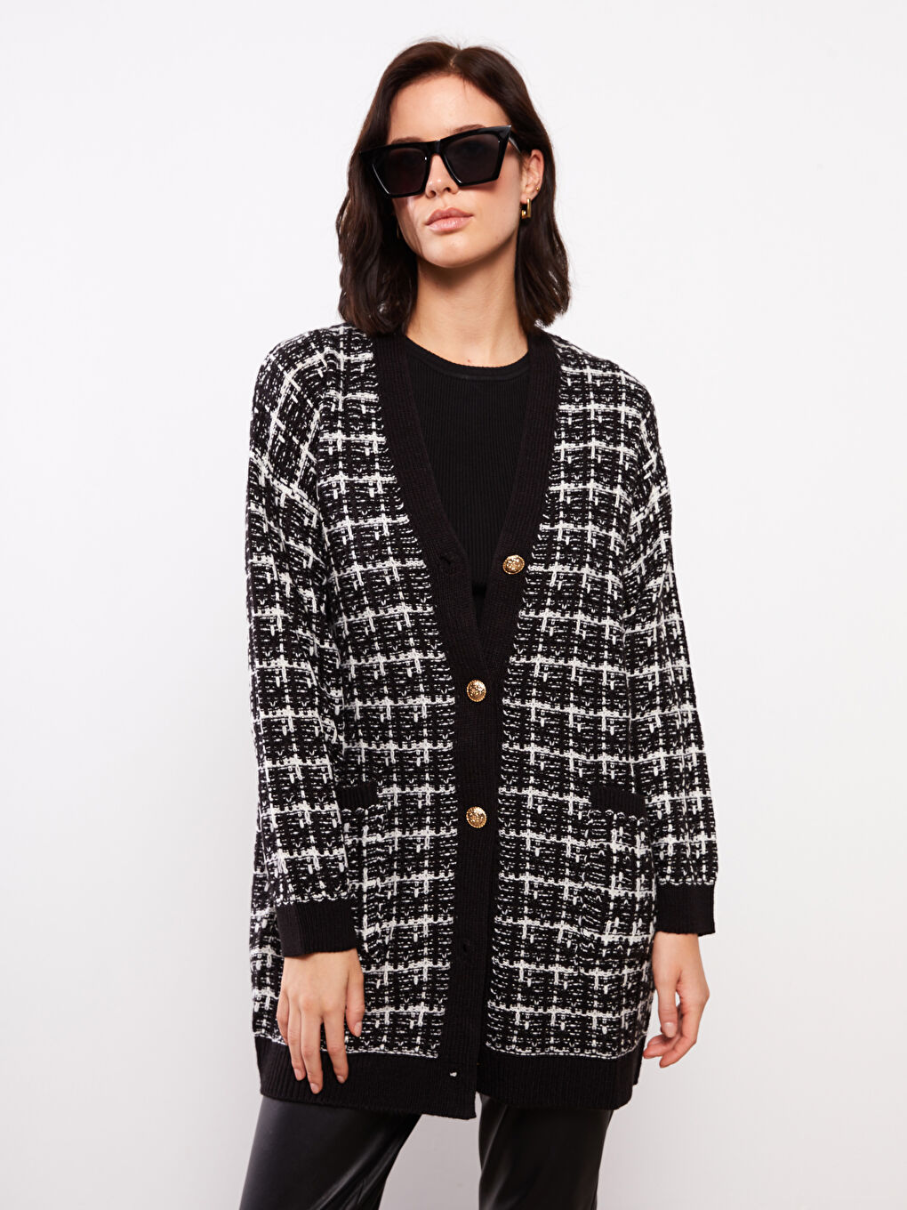 V Neck Patterned Women's Knitwear Cardigan-2