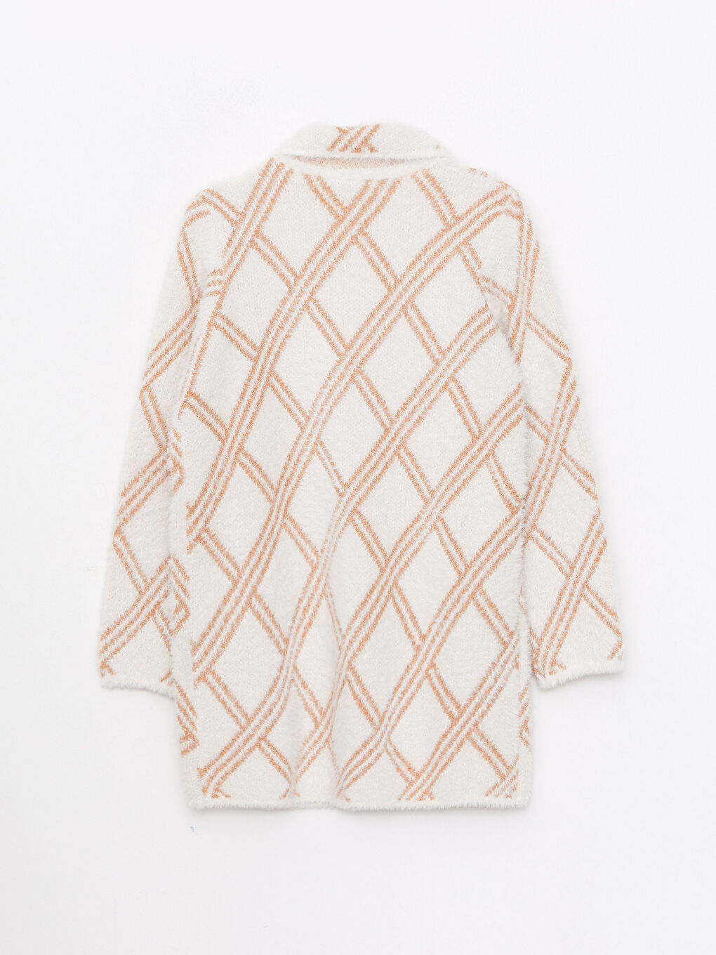 Ekru Polo Yaka Desenli Uzun Kollu Kadın Triko Hırka-6