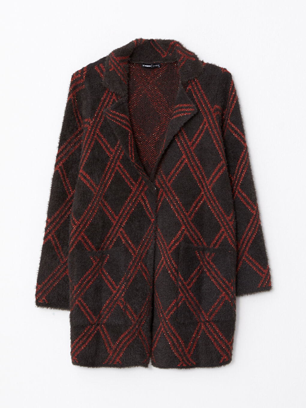 Polo Neck Patterned Long Sleeve Women's Tricot Cardigan-6