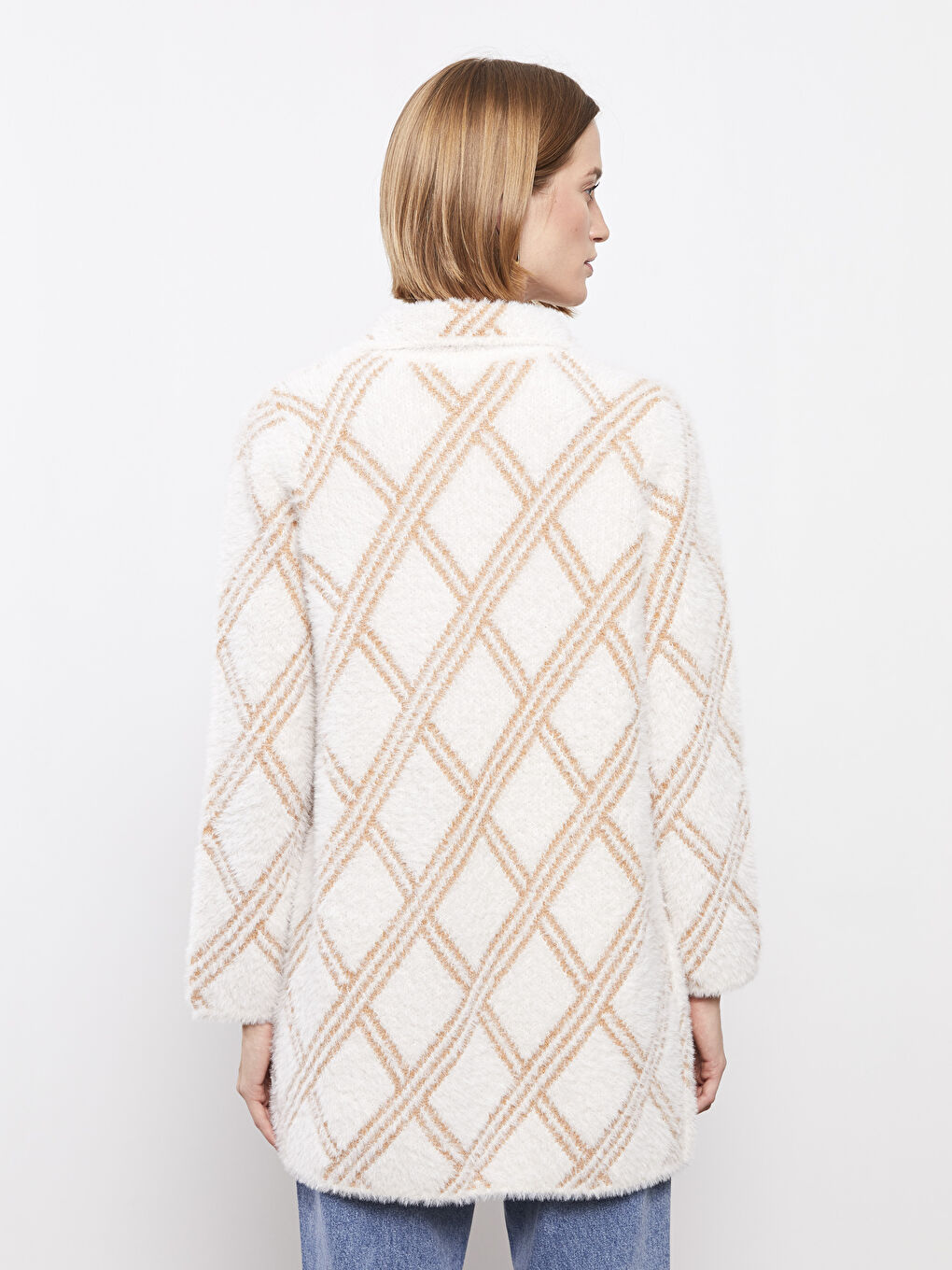 Ekru Polo Yaka Desenli Uzun Kollu Kadın Triko Hırka-4