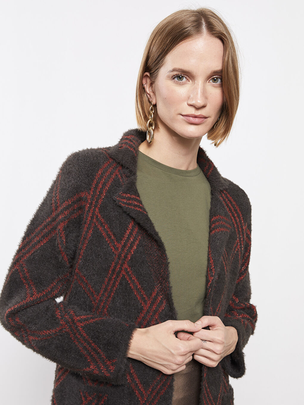 Polo Neck Patterned Long Sleeve Women's Tricot Cardigan