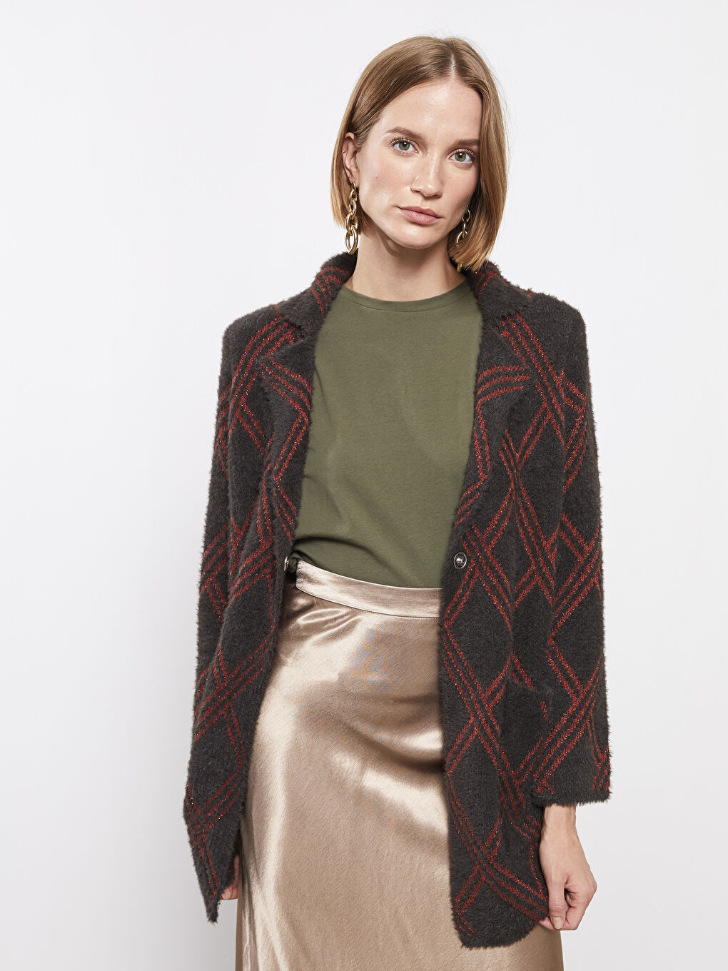 Polo Neck Patterned Long Sleeve Women's Tricot Cardigan-1