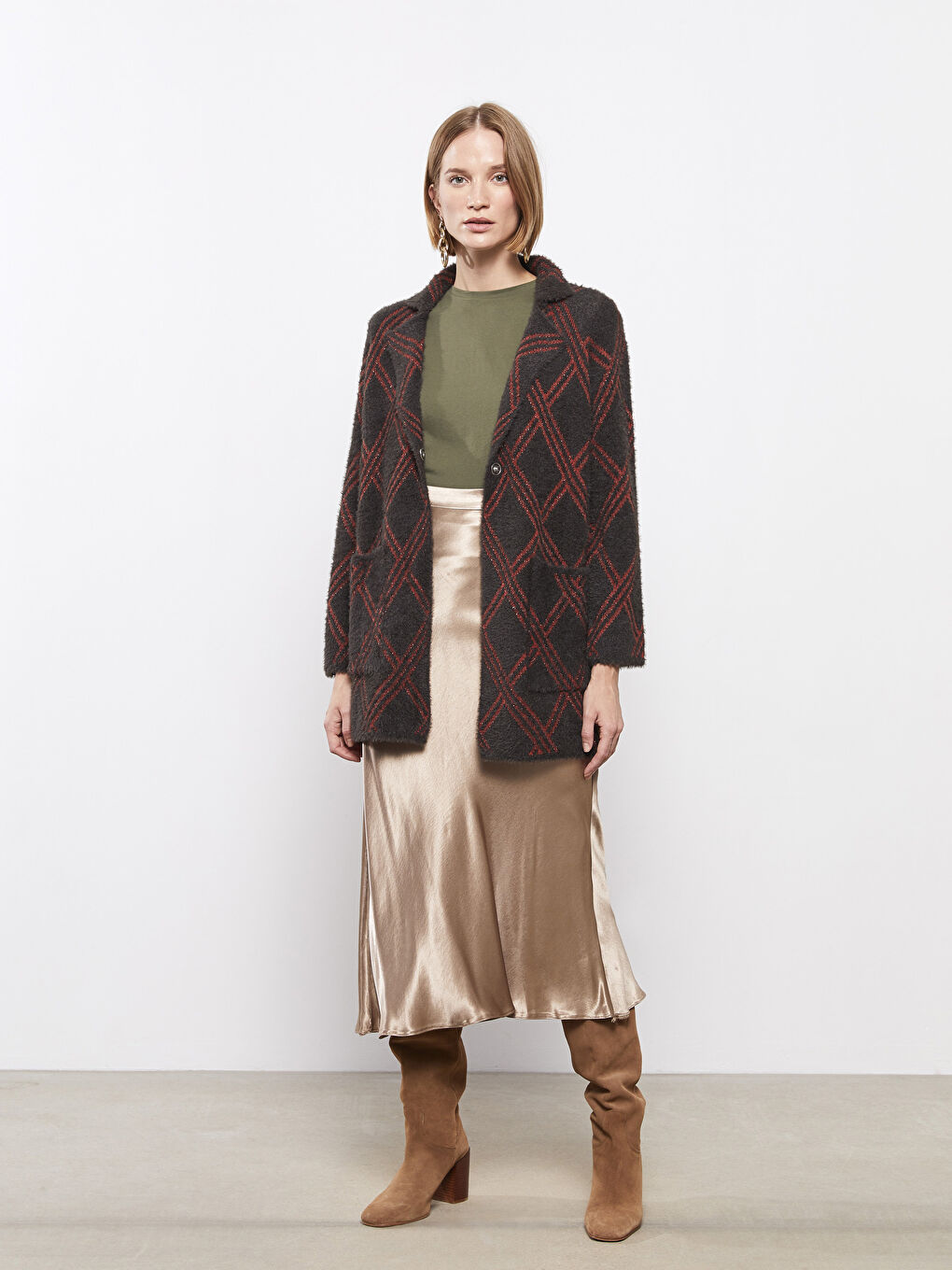 Polo Neck Patterned Long Sleeve Women's Tricot Cardigan-2