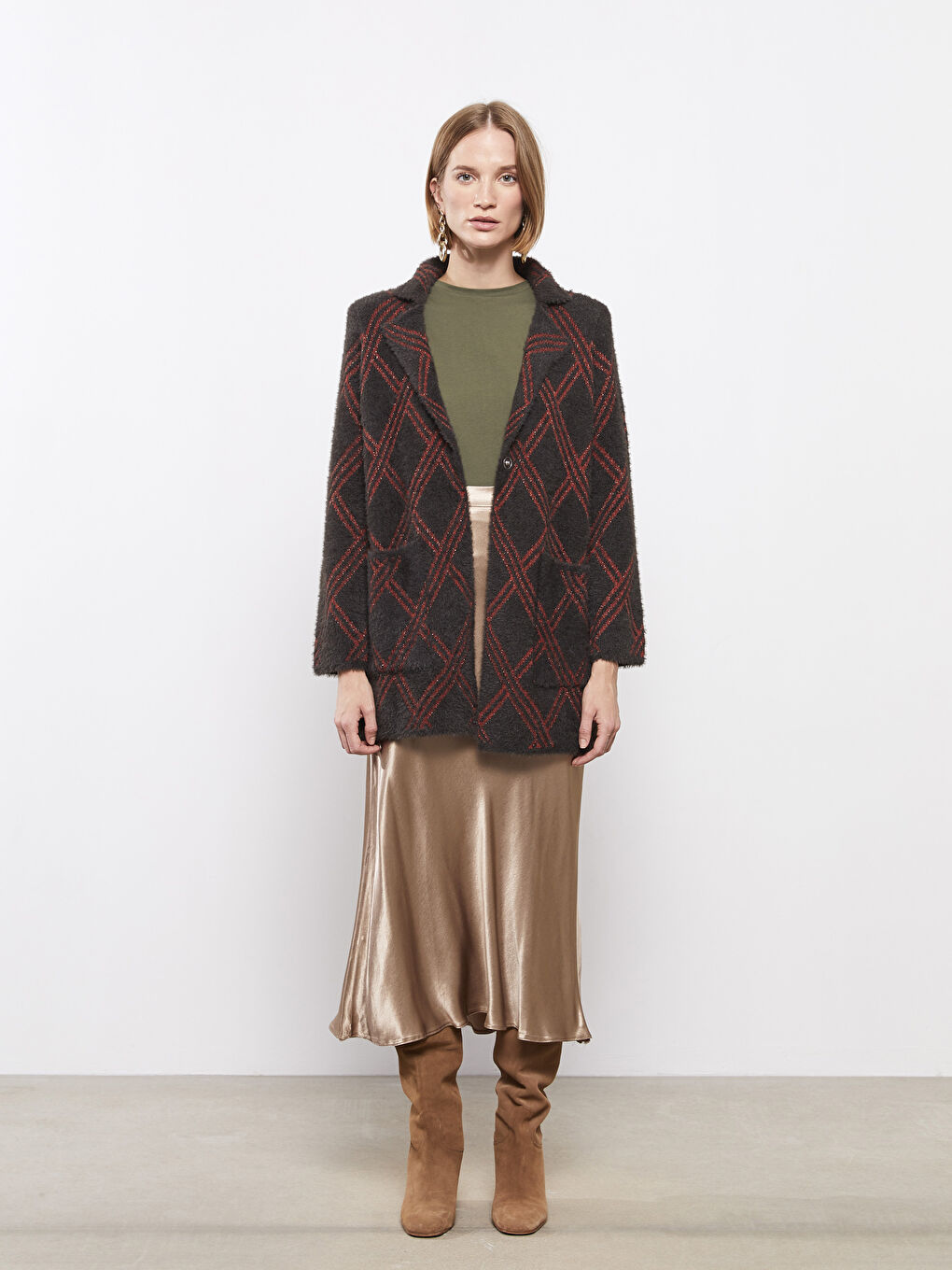 Polo Neck Patterned Long Sleeve Women's Tricot Cardigan-3