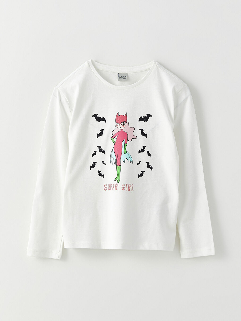 Ekru Bisiklet Yaka Baskılı Uzun Kollu Kız Çocuk Tişört