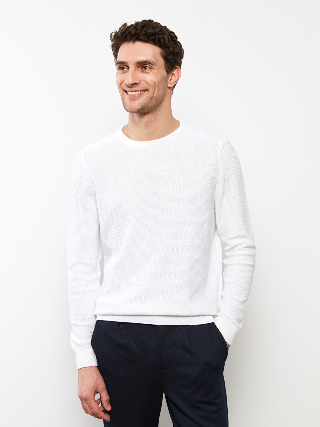 Beyaz Bisiklet Yaka Erkek Triko Kazak-1