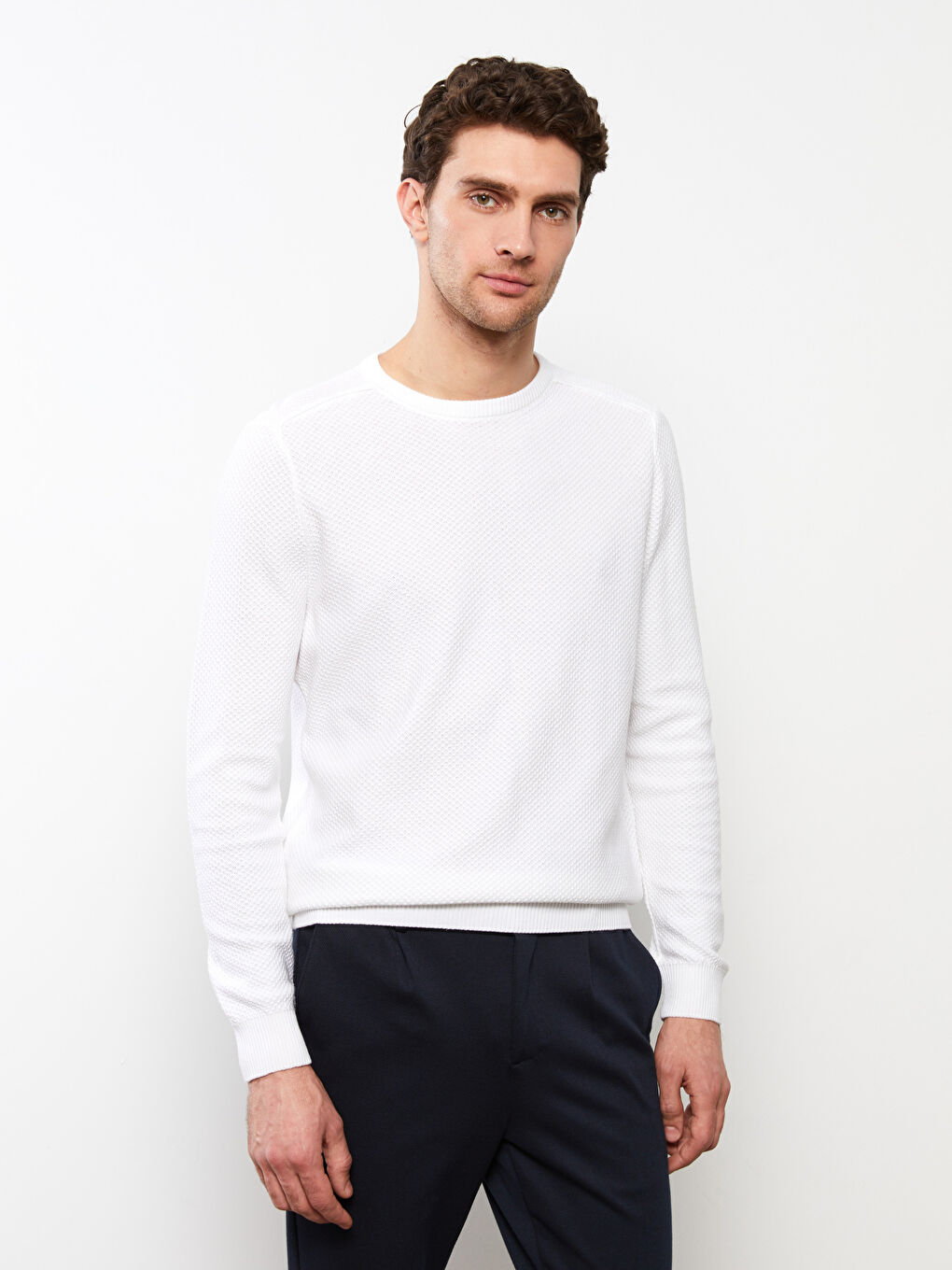 Beyaz Bisiklet Yaka Erkek Triko Kazak-2