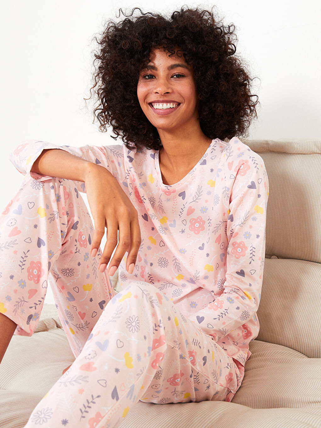 Crew Neck Patterned Long Sleeve Cotton Women's Pajama Set