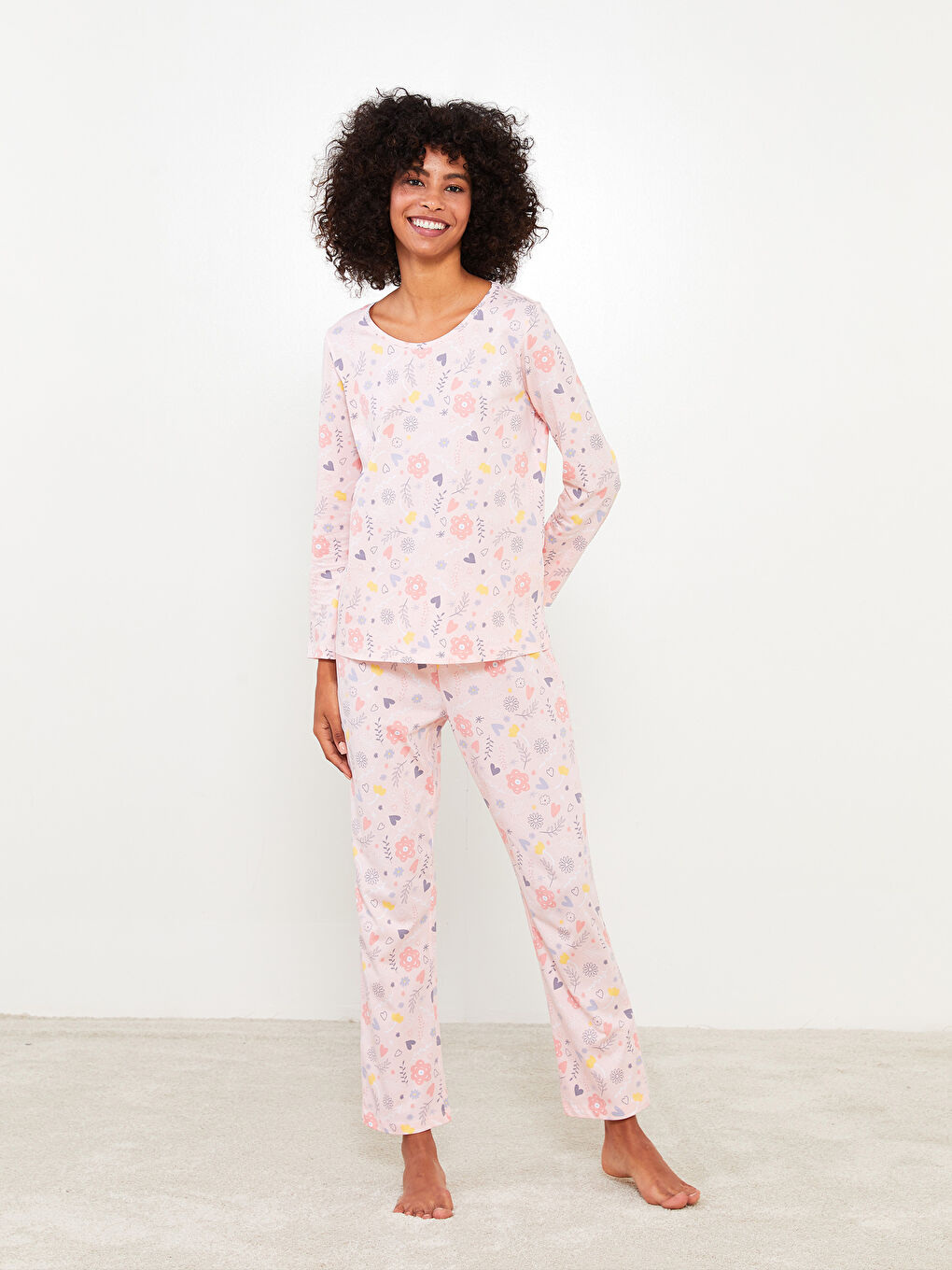 Crew Neck Patterned Long Sleeve Cotton Women's Pajama Set-2