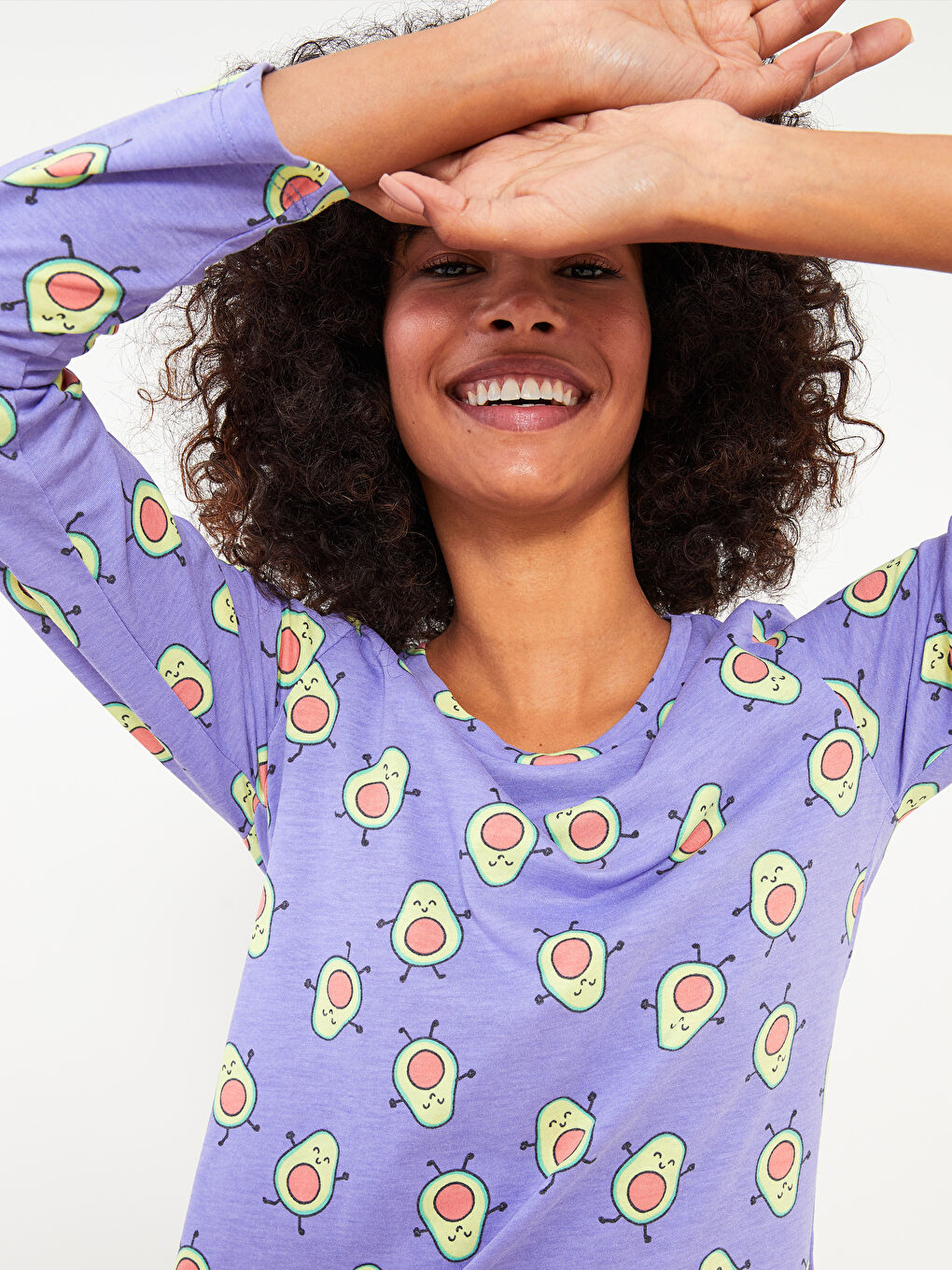 Lila Bisiklet Yaka Desenli Uzun Kollu Pamuklu Kadın Pijama Takımı-2