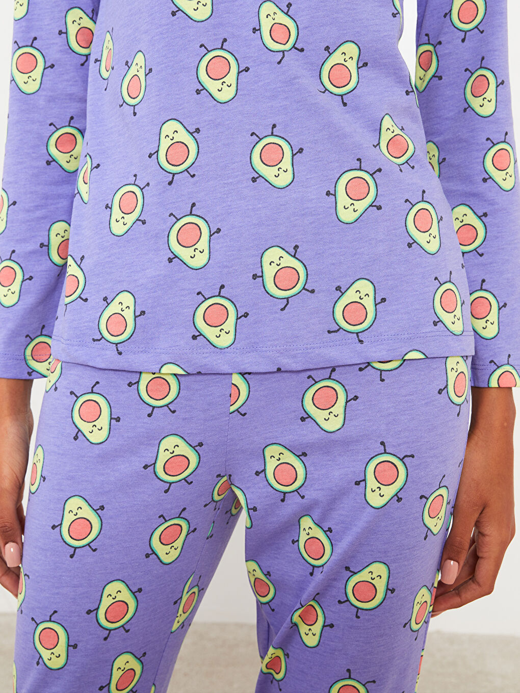 Lila Bisiklet Yaka Desenli Uzun Kollu Pamuklu Kadın Pijama Takımı-3