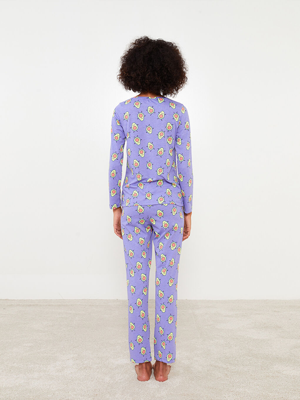 Lila Bisiklet Yaka Desenli Uzun Kollu Pamuklu Kadın Pijama Takımı-4