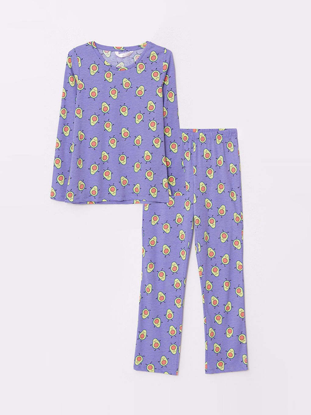 Lila Bisiklet Yaka Desenli Uzun Kollu Pamuklu Kadın Pijama Takımı-5