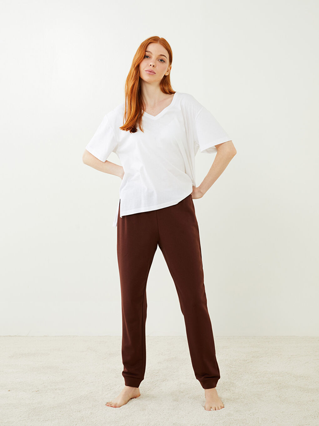 Kahverengi Beli Lastikli Düz Pamuklu Kadın Jogger Pijama Alt-1