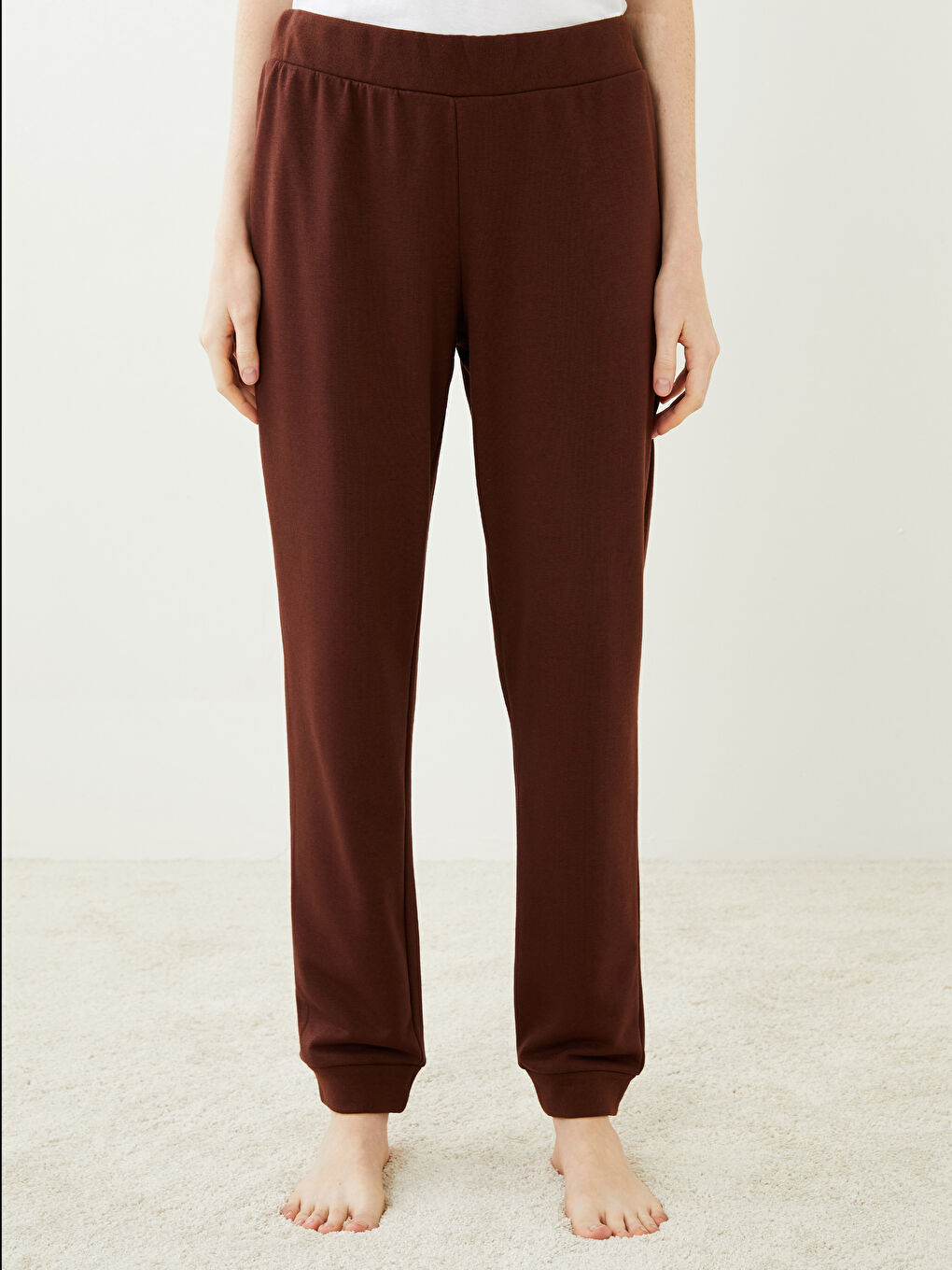 Kahverengi Beli Lastikli Düz Pamuklu Kadın Jogger Pijama Alt-3