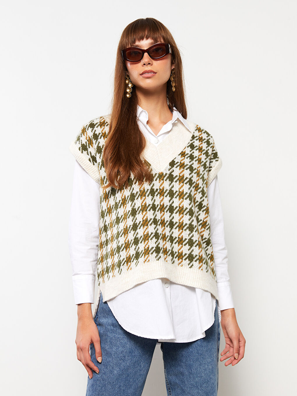 Yeşil V Yaka Desenli Kadın Triko Süveter-1