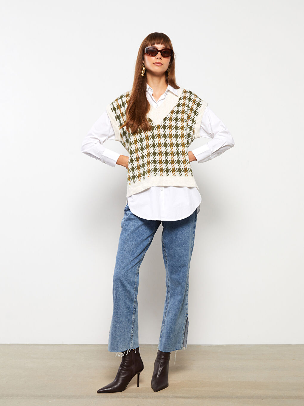 Yeşil V Yaka Desenli Kadın Triko Süveter-2