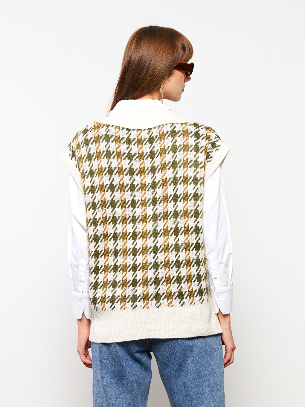 Yeşil V Yaka Desenli Kadın Triko Süveter-4