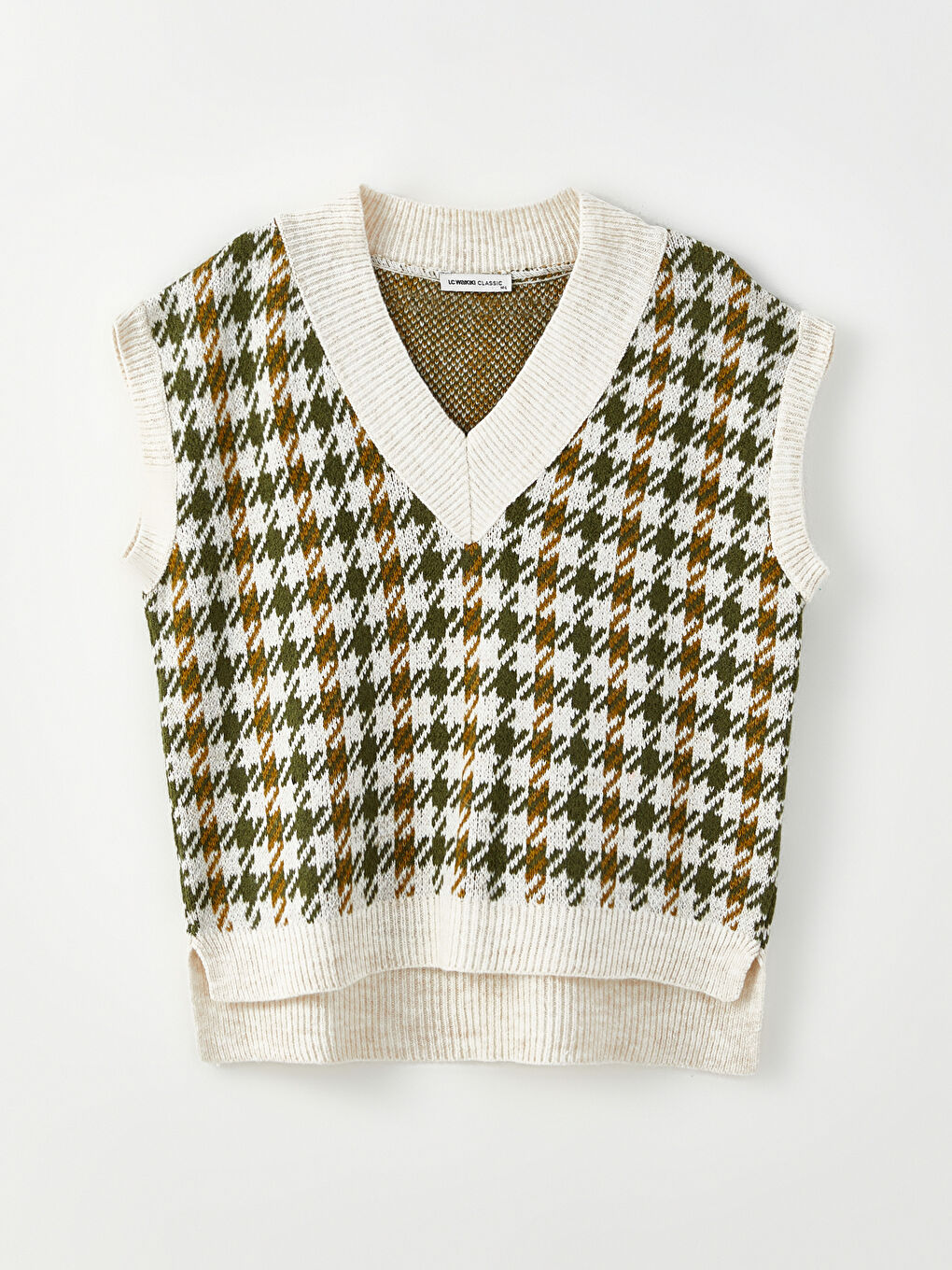 Yeşil V Yaka Desenli Kadın Triko Süveter-5