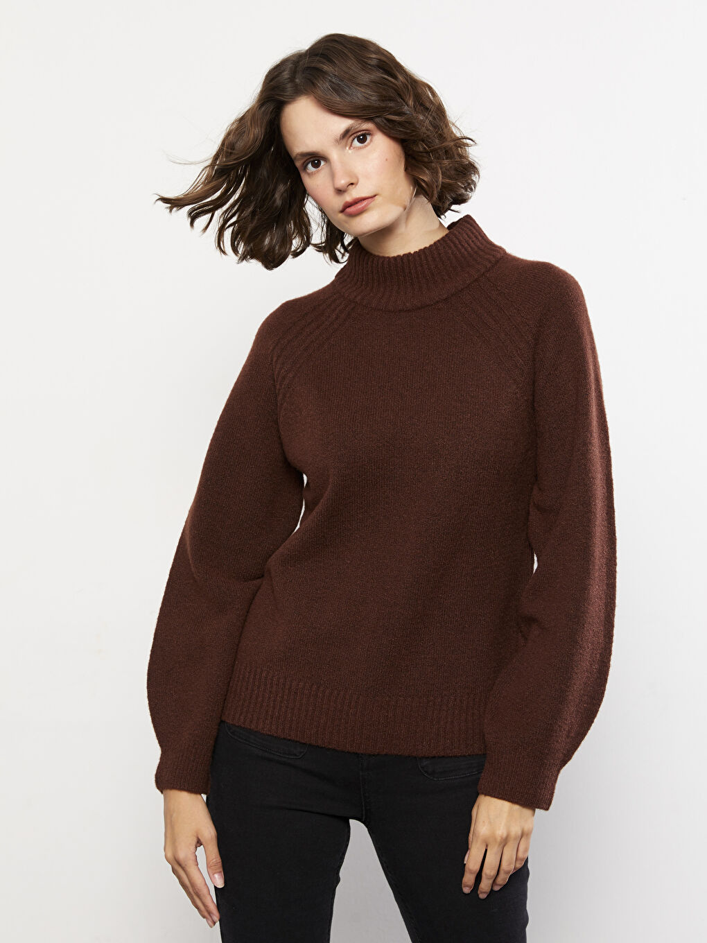 Half Turtleneck Self Patterned Long Sleeve Women's Tricot Sweater-1