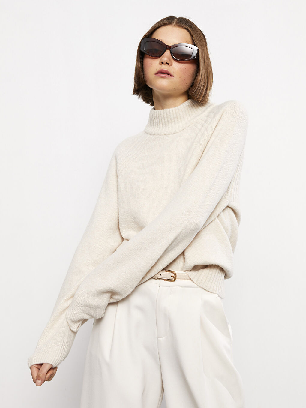 Half Turtleneck Self Patterned Long Sleeve Women's Tricot Sweater