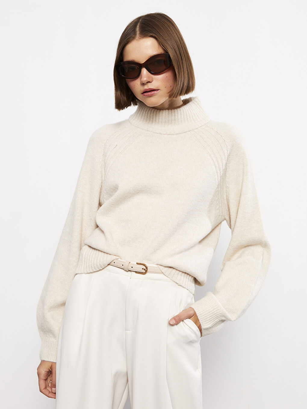 Half Turtleneck Self Patterned Long Sleeve Women's Tricot Sweater-1