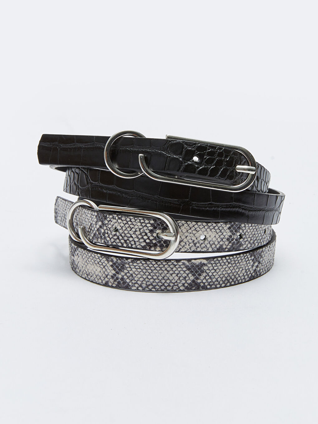 Siyah Deri Görünümlü Yılan Derisi Desenli Kadın Kemer 2'li
