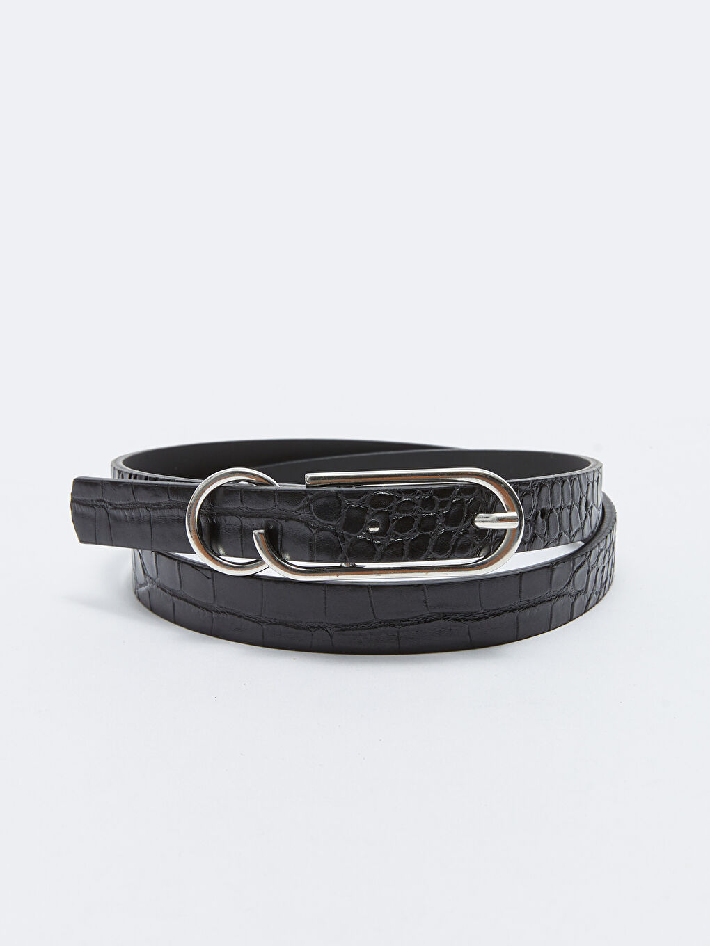 Siyah Deri Görünümlü Yılan Derisi Desenli Kadın Kemer 2'li-2