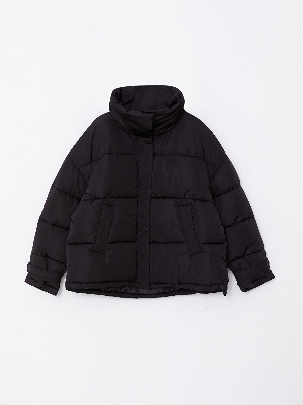 Siyah Dik Yaka Düz Uzun Kollu Kadın Şişme Mont