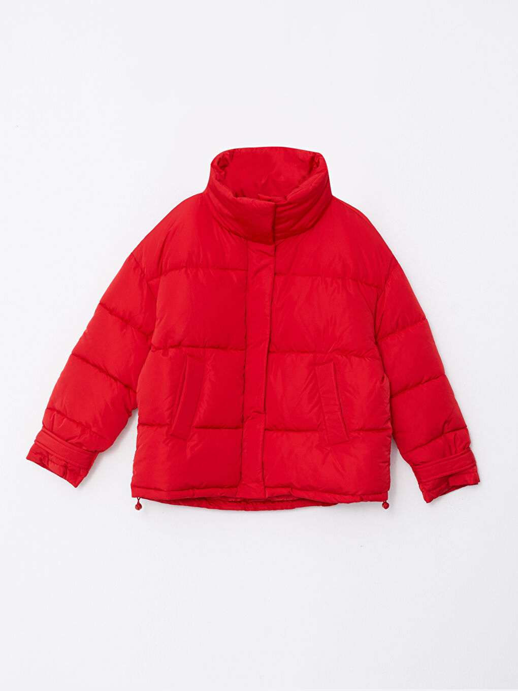 Kırmızı Dik Yaka Düz Uzun Kollu Kadın Şişme Mont-3