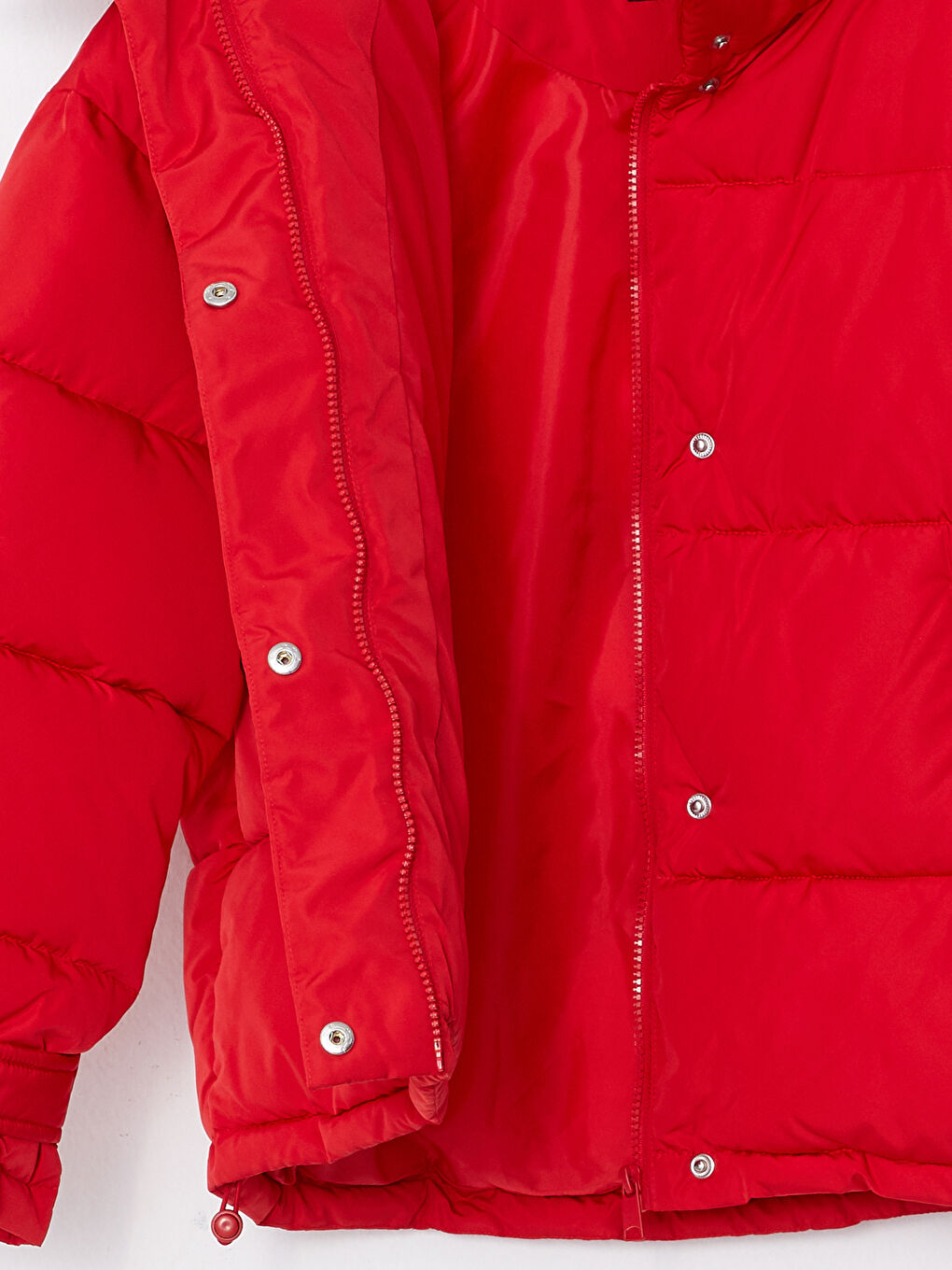 Kırmızı Dik Yaka Düz Uzun Kollu Kadın Şişme Mont-5