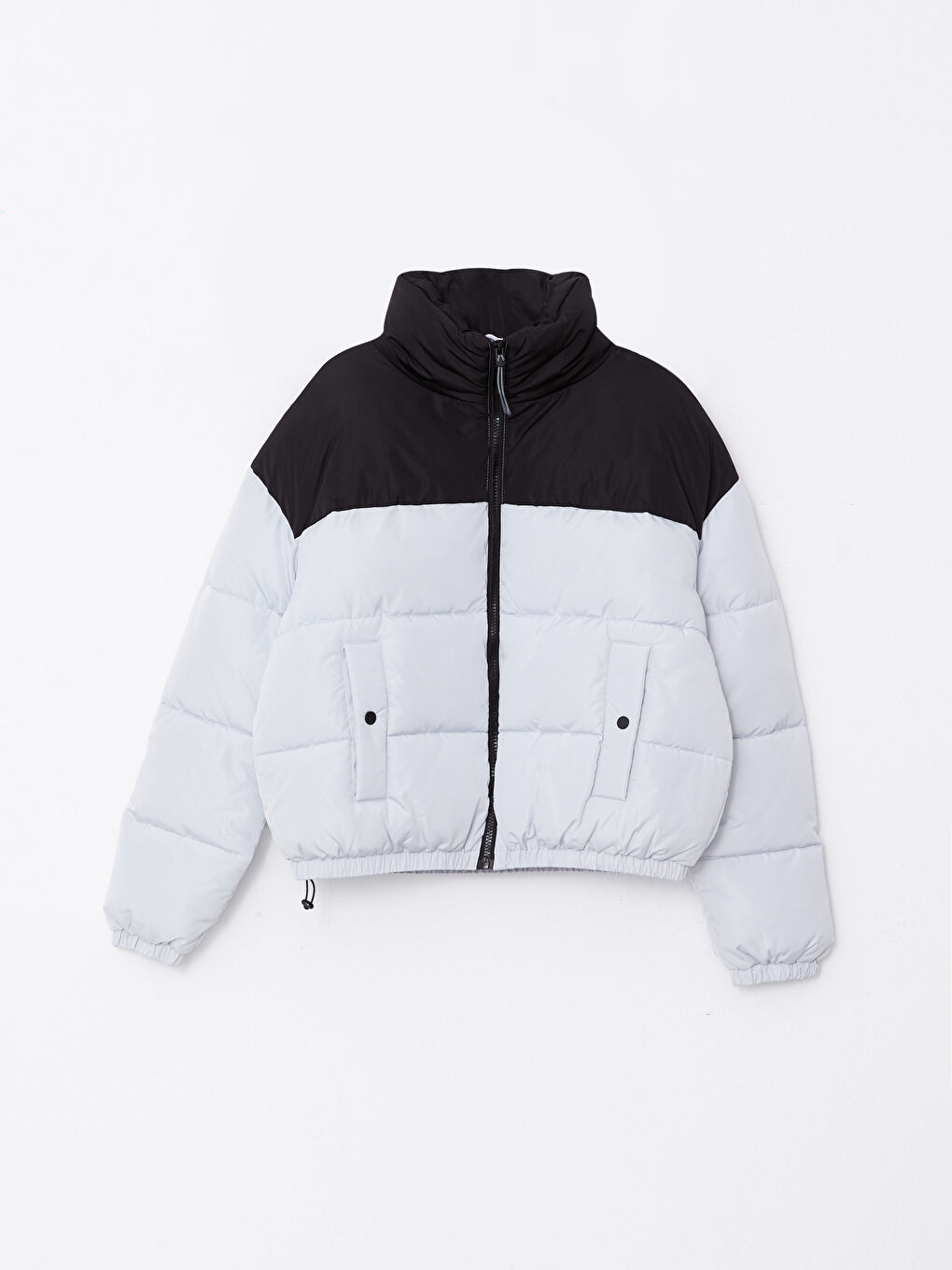 Gri Dik Yaka Renk Bloklu Uzun Kollu Kadın Şişme Mont