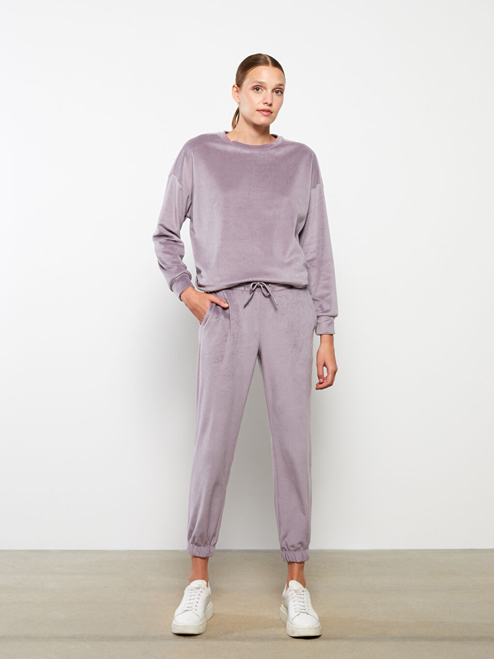 Lila Beli Lastikli Düz Kadife Kadın Jogger Eşofman Altı-1