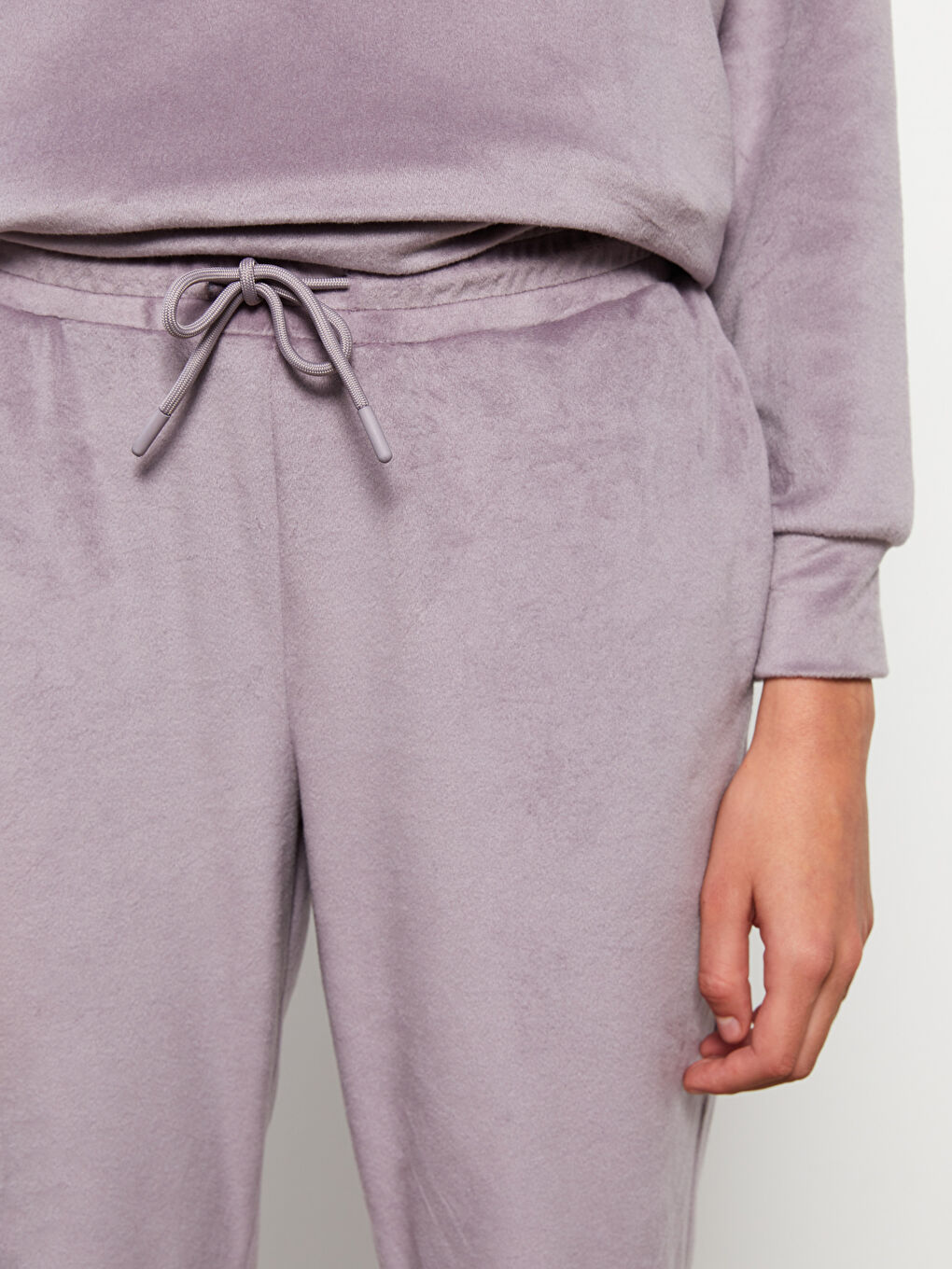 Lila Beli Lastikli Düz Kadife Kadın Jogger Eşofman Altı-3