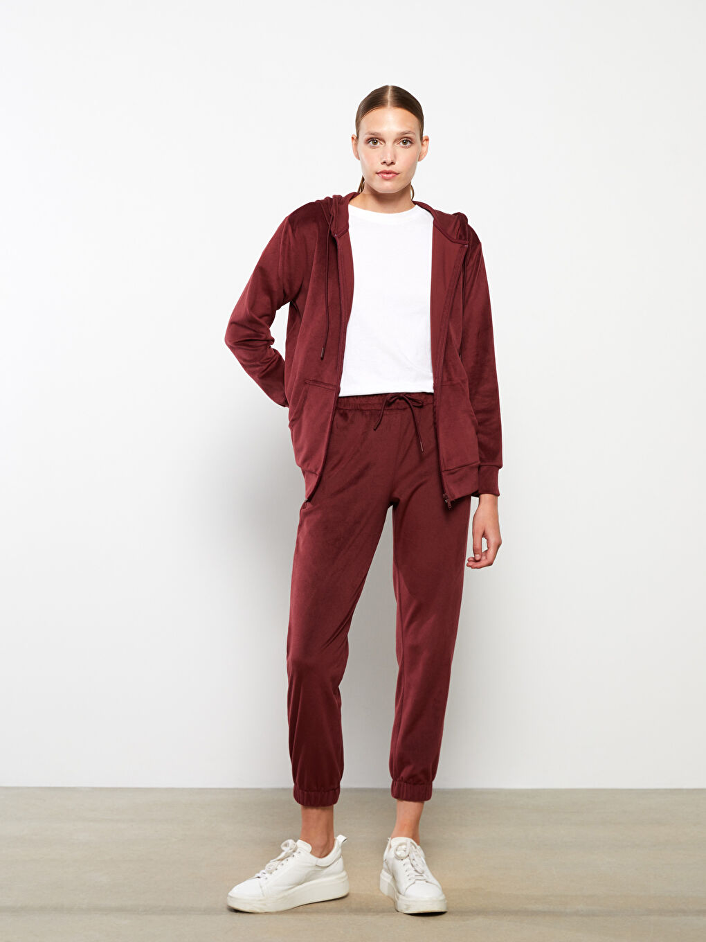 Bordo Beli Lastikli Düz Kadife Kadın Jogger Eşofman Altı