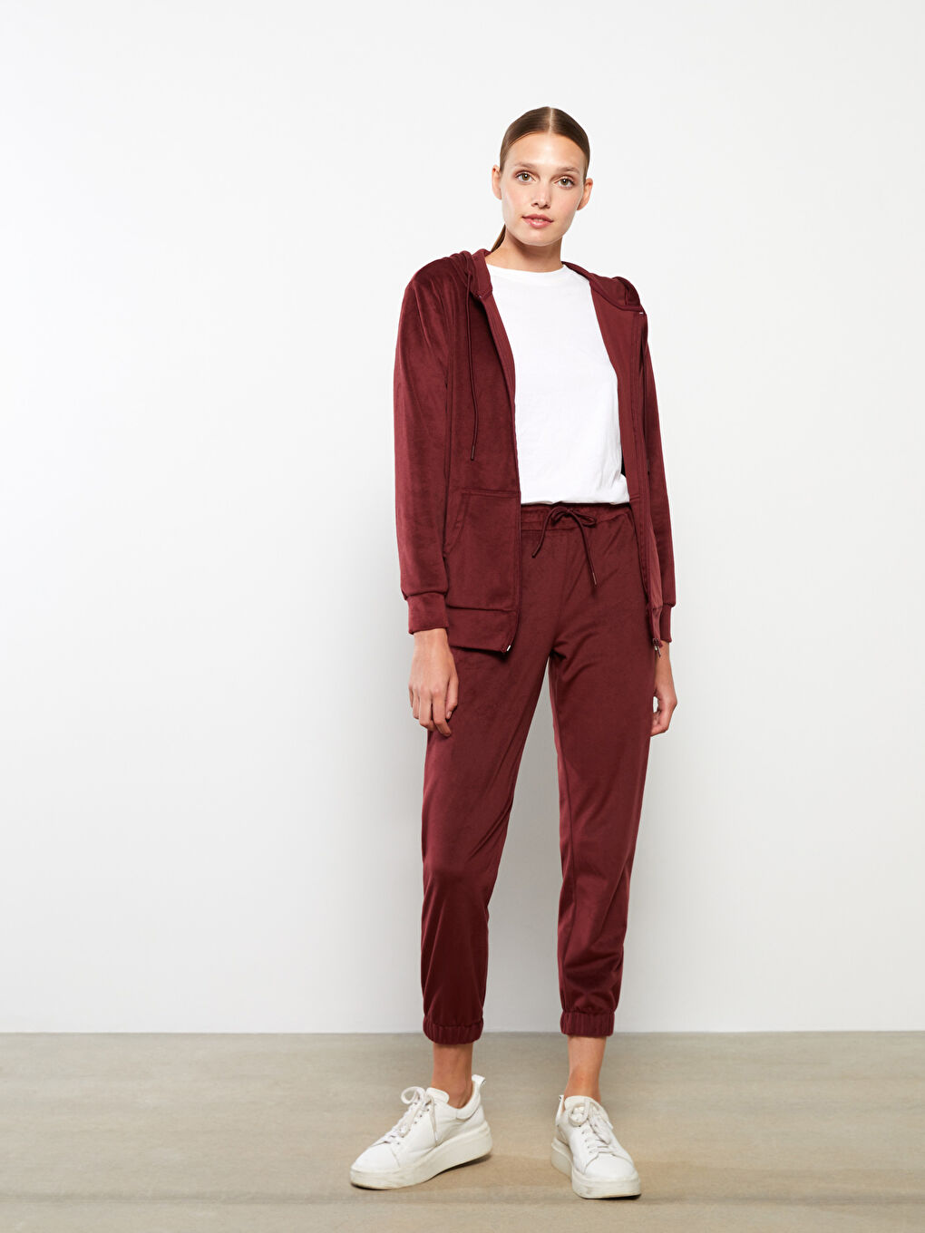 Bordo Beli Lastikli Düz Kadife Kadın Jogger Eşofman Altı-1
