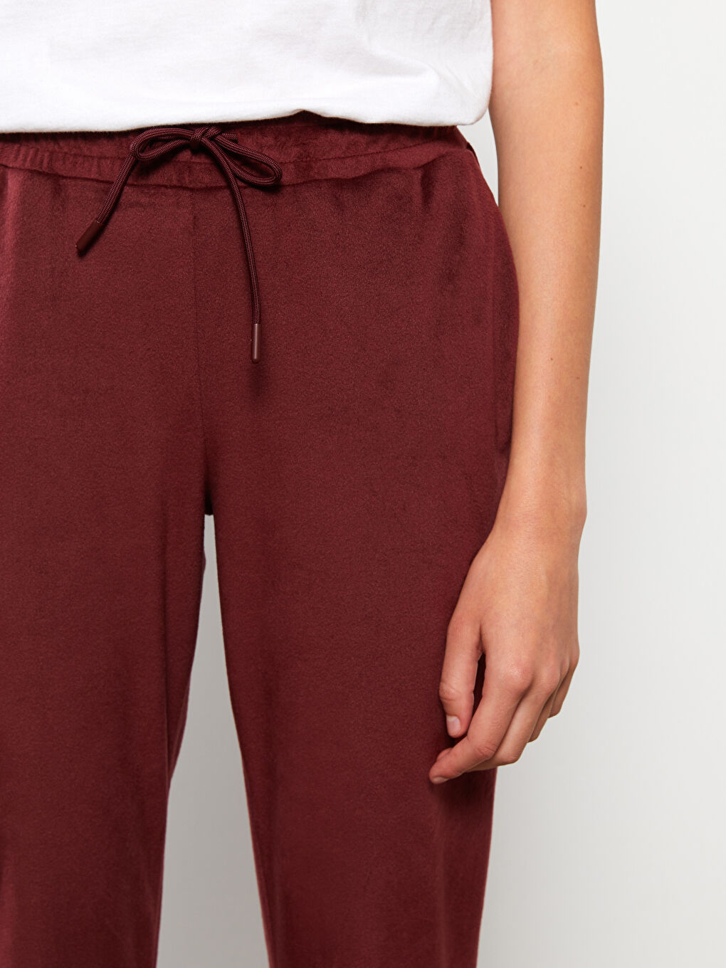 Bordo Beli Lastikli Düz Kadife Kadın Jogger Eşofman Altı-3