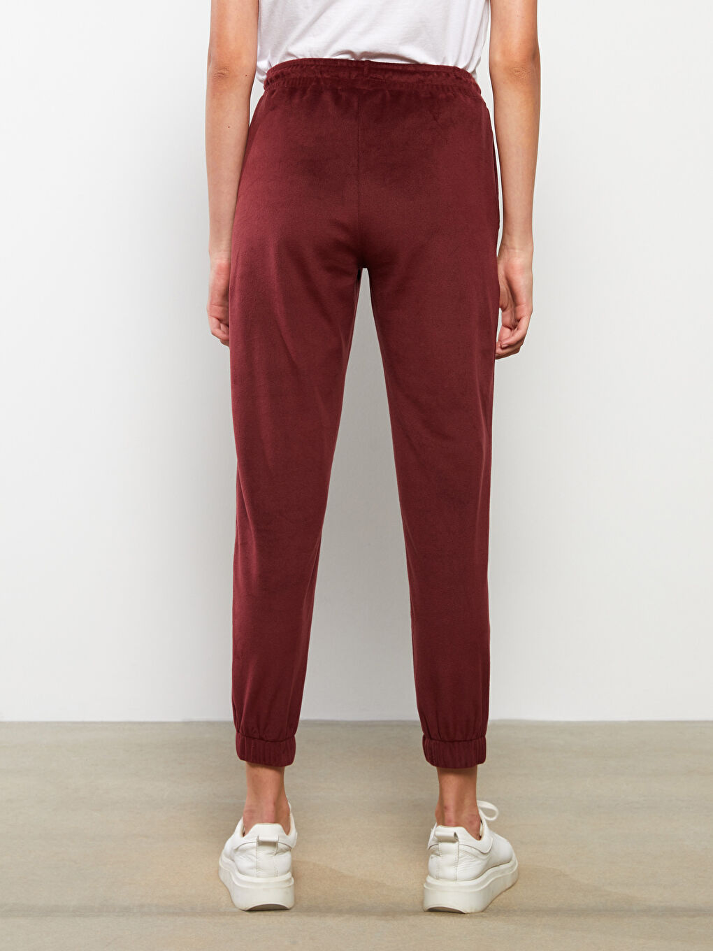 Bordo Beli Lastikli Düz Kadife Kadın Jogger Eşofman Altı-5
