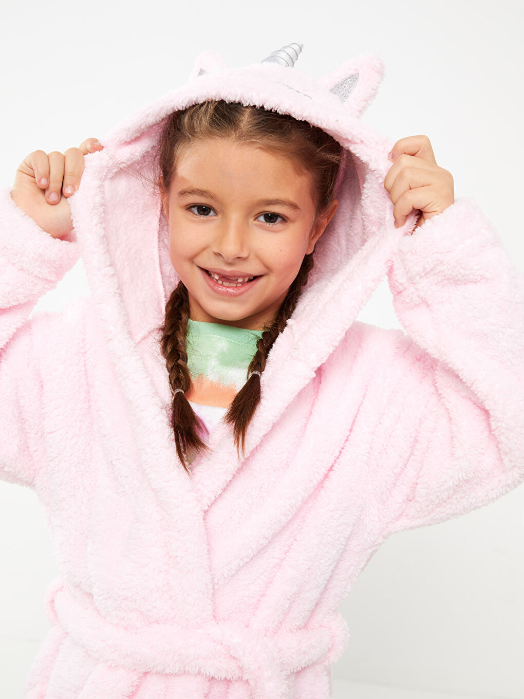 Pembe 3D Aplike Detaylı Kapüşonlu Kız Çocuk Sabahlık-2