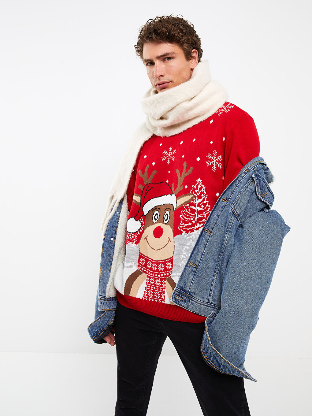 Ekru Bisiklet Yaka Uzun Kollu Yılbaşı Temalı Erkek Triko Kazak