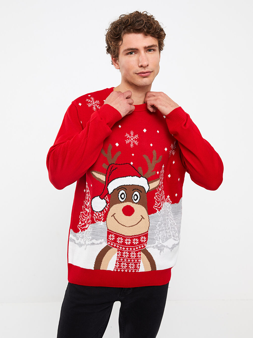 Ekru Bisiklet Yaka Uzun Kollu Yılbaşı Temalı Erkek Triko Kazak-1