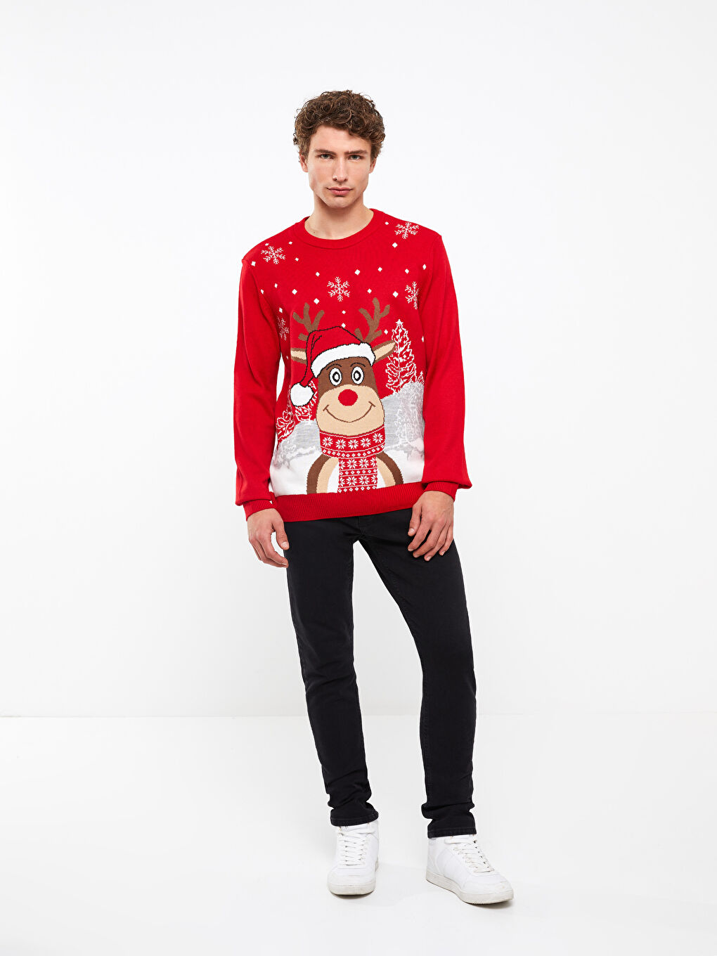 Ekru Bisiklet Yaka Uzun Kollu Yılbaşı Temalı Erkek Triko Kazak-2