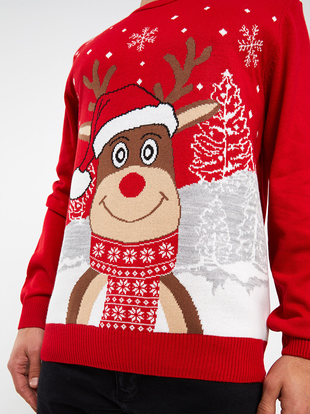 Ekru Bisiklet Yaka Uzun Kollu Yılbaşı Temalı Erkek Triko Kazak-3