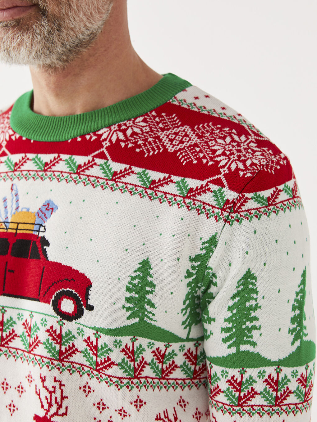 Yeşil Bisiklet Yaka Uzun Kollu Yılbaşı Temalı Erkek Triko Kazak-3