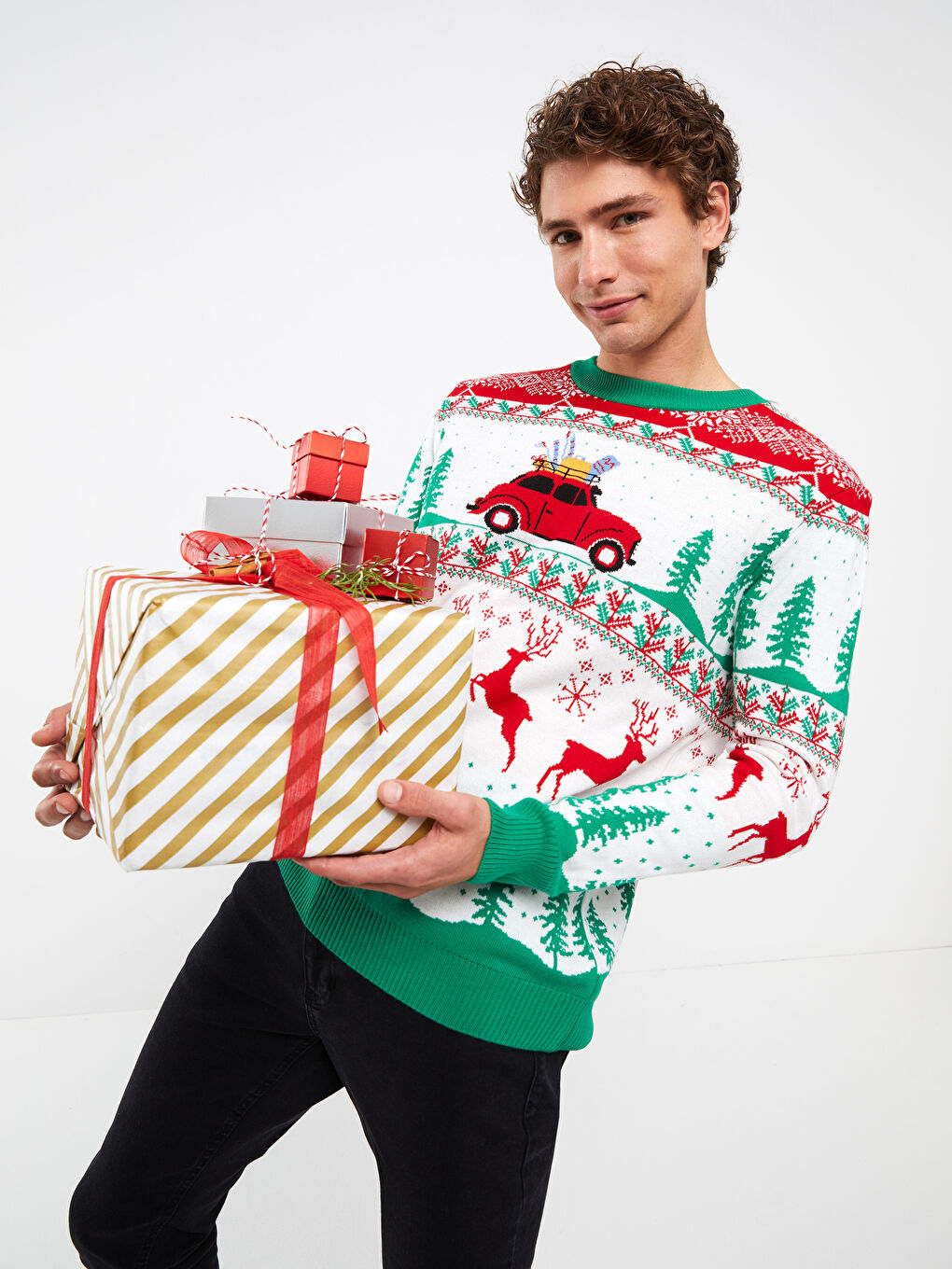 Yeşil Bisiklet Yaka Uzun Kollu Yılbaşı Temalı Erkek Triko Kazak