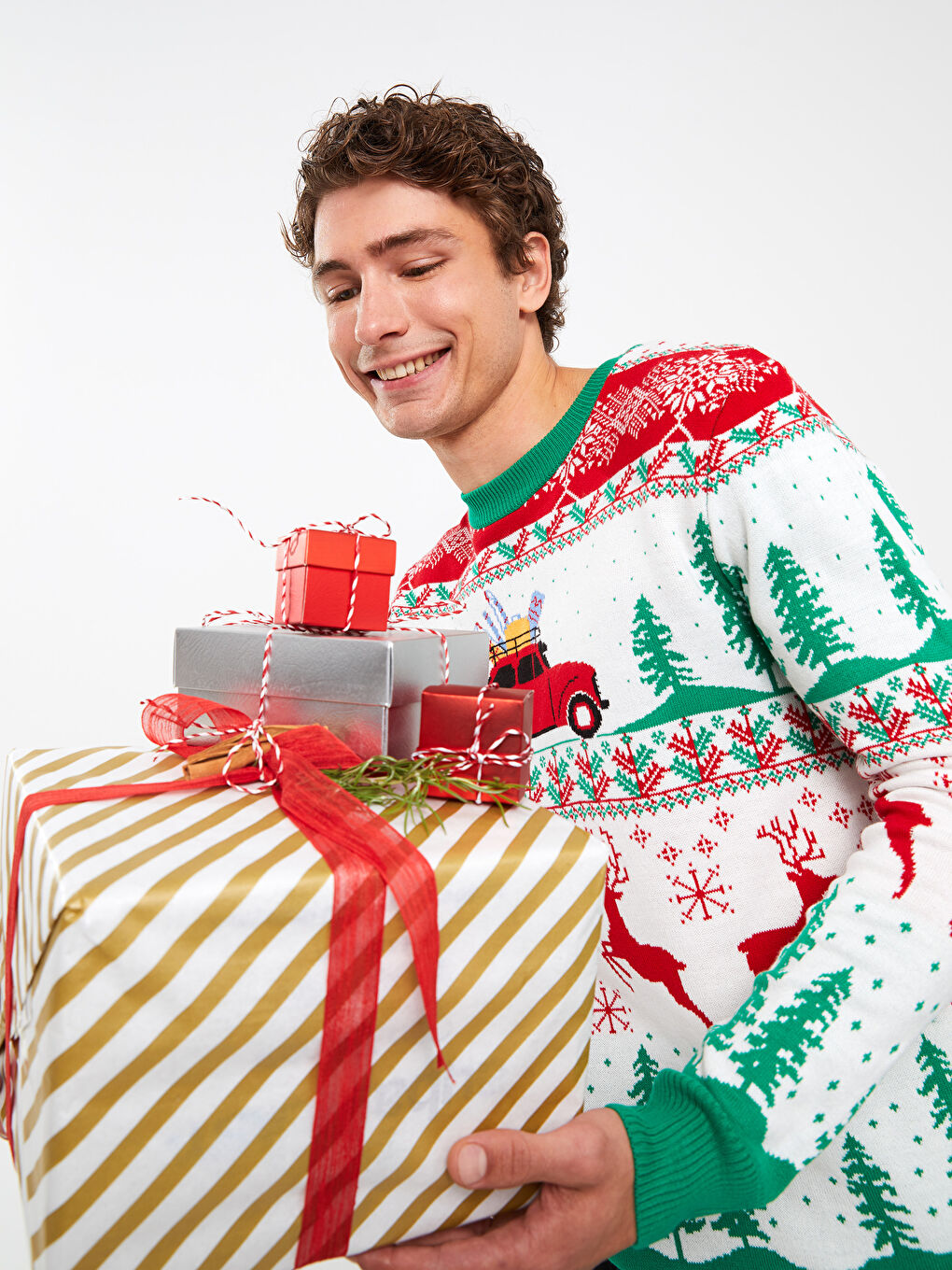 Yeşil Bisiklet Yaka Uzun Kollu Yılbaşı Temalı Erkek Triko Kazak-1