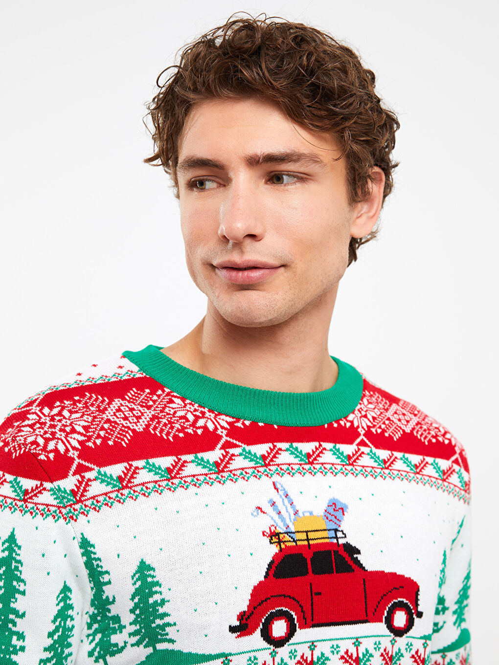 Yeşil Bisiklet Yaka Uzun Kollu Yılbaşı Temalı Erkek Triko Kazak-2