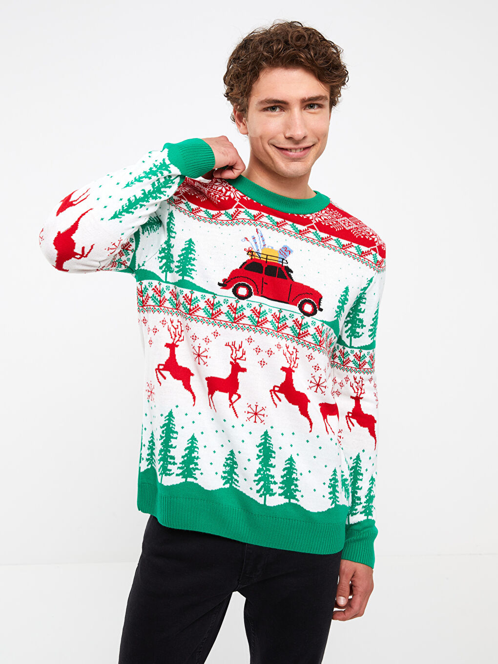 Yeşil Bisiklet Yaka Uzun Kollu Yılbaşı Temalı Erkek Triko Kazak-4