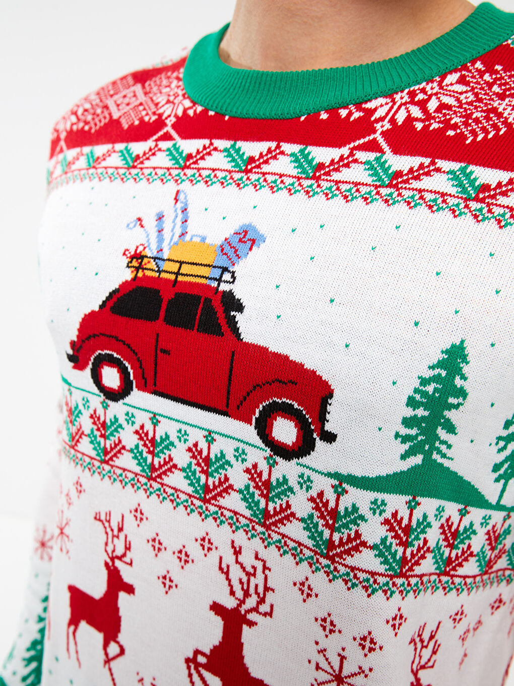 Yeşil Bisiklet Yaka Uzun Kollu Yılbaşı Temalı Erkek Triko Kazak-6